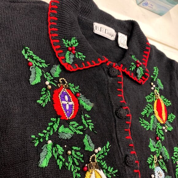 Womens Vtg Christmas Cardigan Sweater BP Design Medium Black Embroidered Beaded - Picture 3 of 16